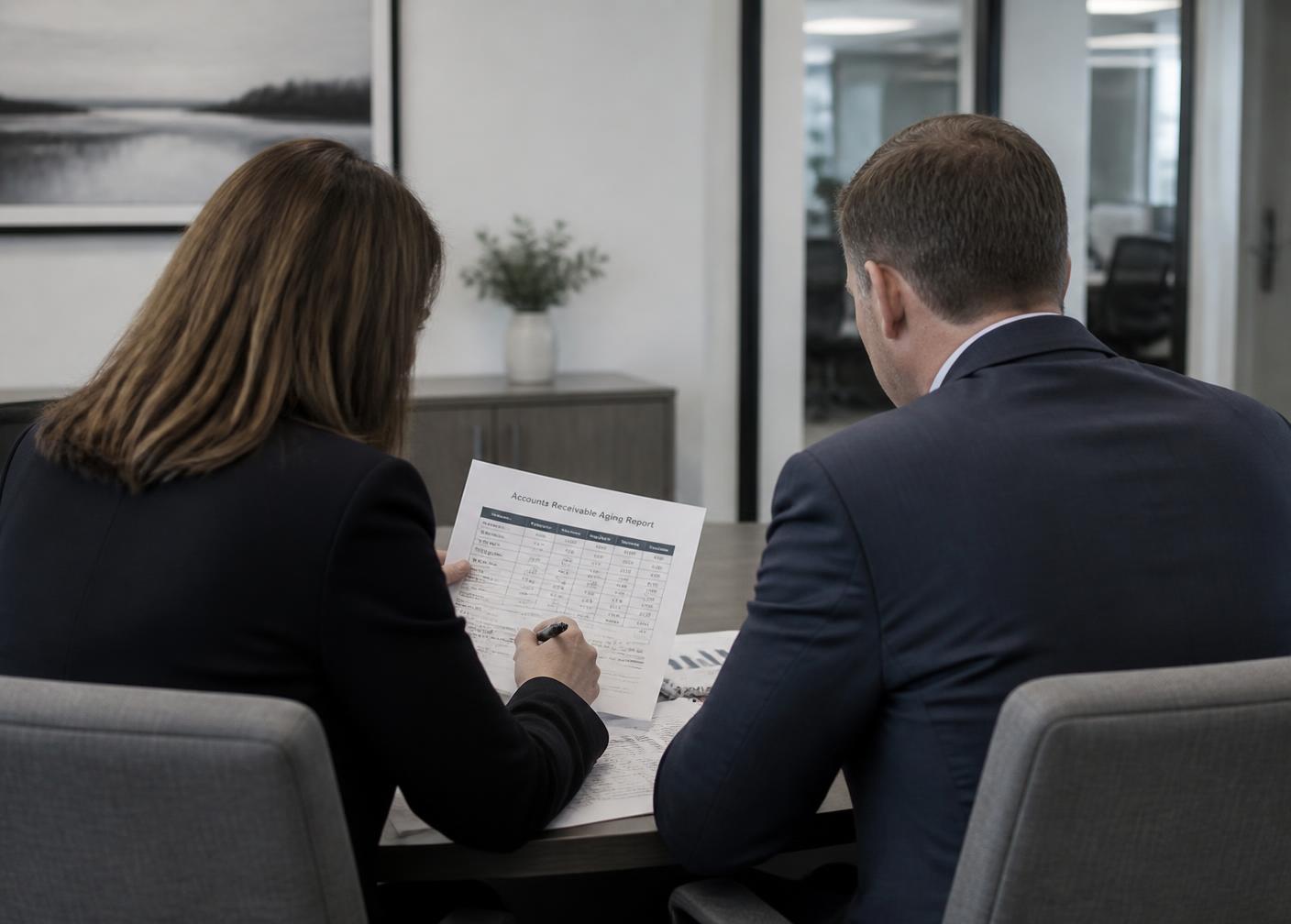 Two business professionals reviewing an accounts receivable report at a table