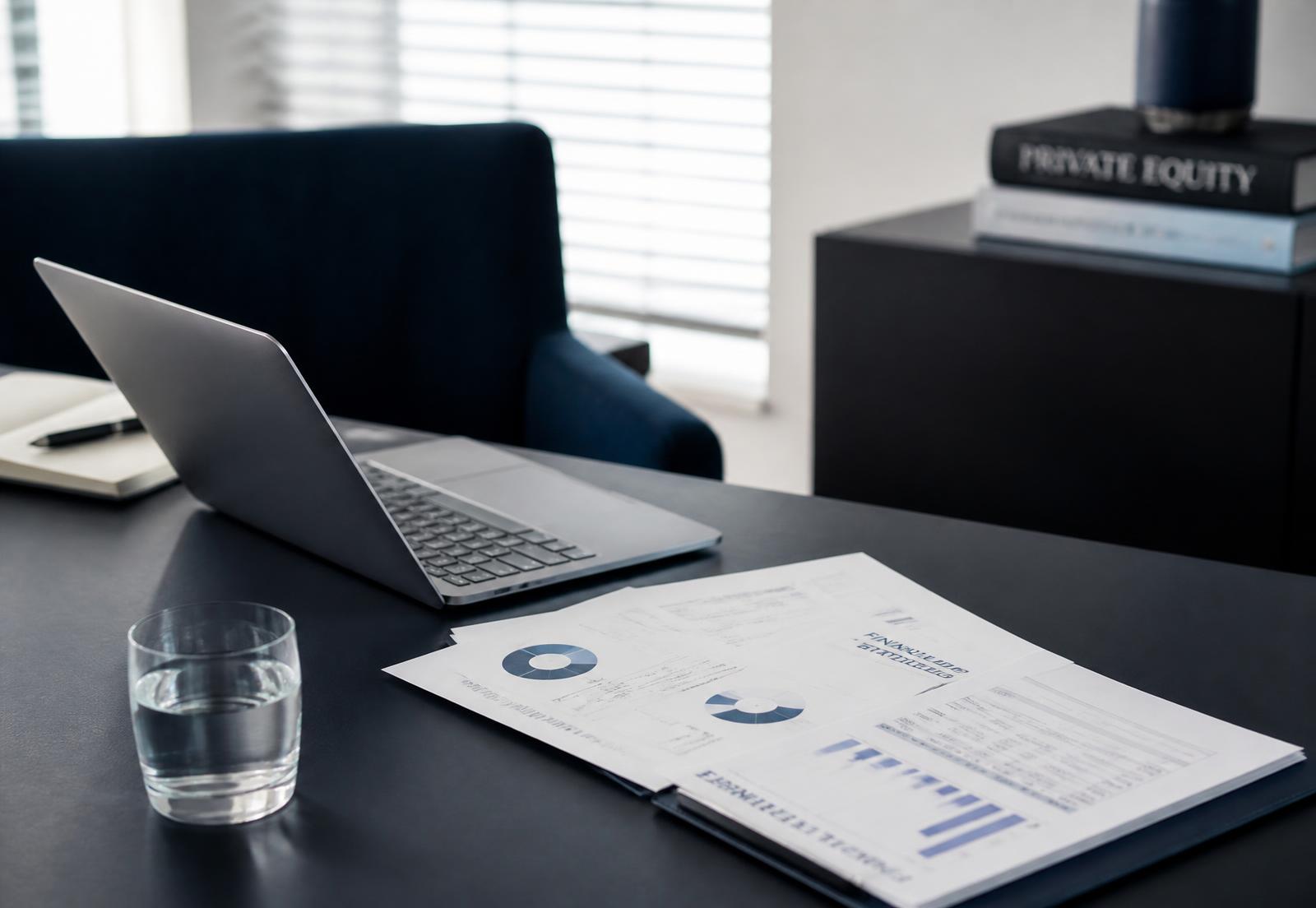 Office desk with a laptop and printed financial statements